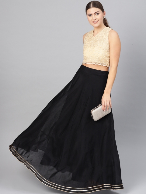 

Inddus Women Black Solid Chanderi Maxi Flared Skirt