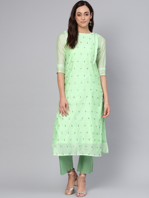 

Inddus Women Green Embroidered Kurta with Trousers