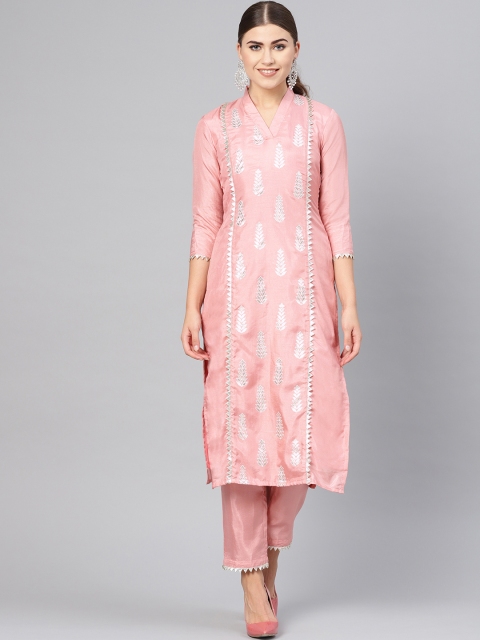 

Inddus Women Pink & Silver Printed Kurta with Trousers