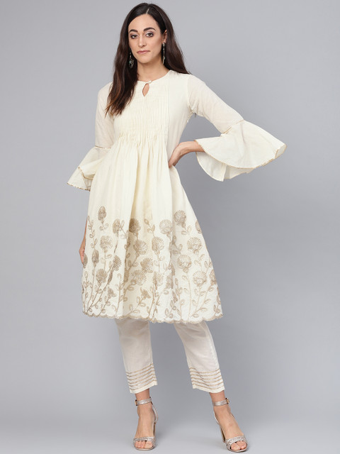 

Inddus Women Cream-Coloured & Golden Embroidered Kurta with Trousers