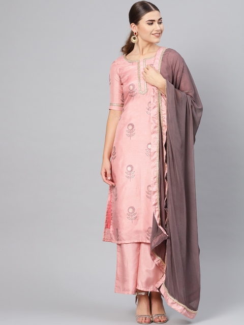 

Inddus Women Pink & Charcoal Grey Foil Print Kurta with Palazzos & Dupatta