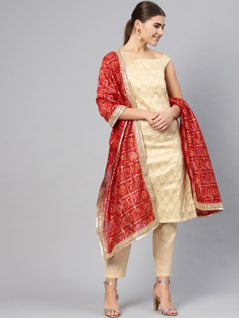 

Inddus Women Cream-Coloured & Golden Self Design Bandhani Kurta with Trousers & Dupatta