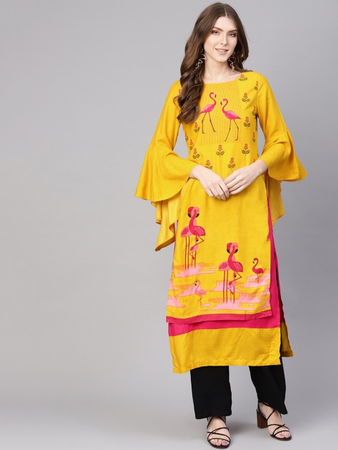 

Pannkh Women Mustard Yellow & Pink Layered Printed Straight Kurta