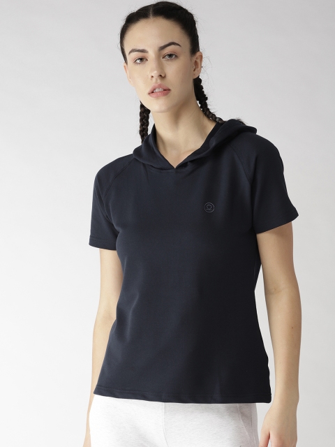 

Chkokko Women Navy Blue Solid Hooded Running T-shirt