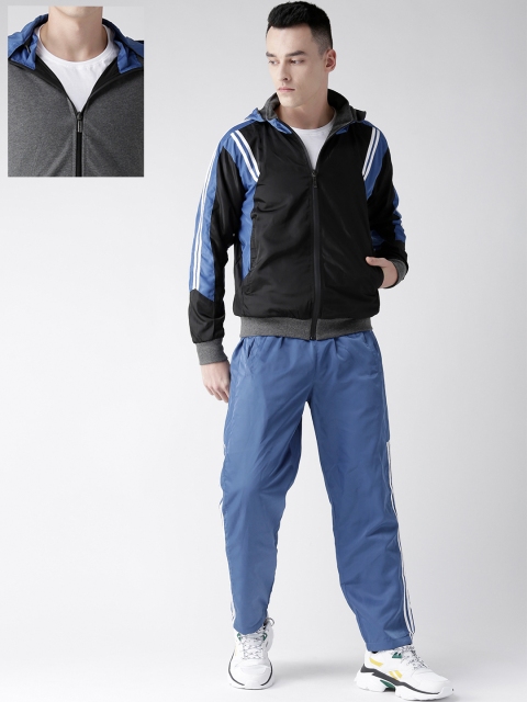 

Chkokko Men Blue and Charcoal Grey Solid Hooded Reversible Tracksuit