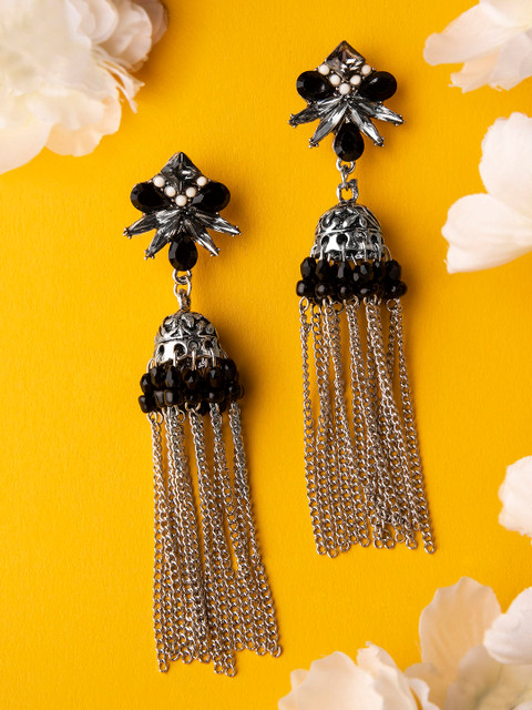 

Rubans Silver-Toned & Black Floral Handcrafted Jhumkas