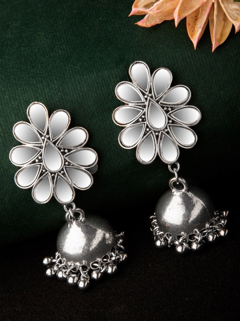 

Rubans Silver-Toned & White Dome Shaped Jhumkas