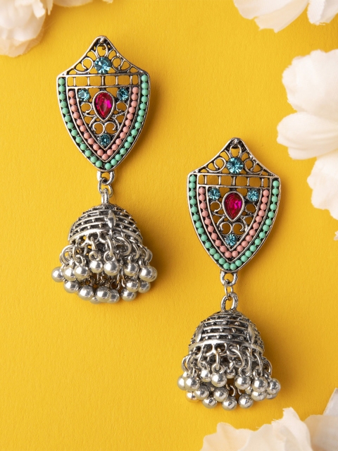 

Rubans Silver-Toned & Green Floral Jhumkas