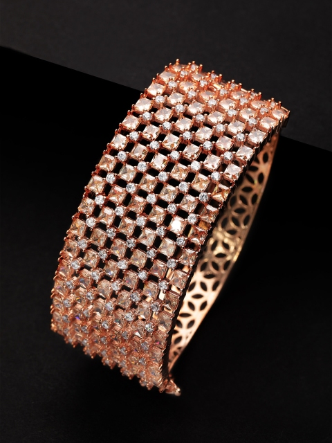 

Rubans Gold Toned & White Handcrafted CZ Studded Cuff Bracelet