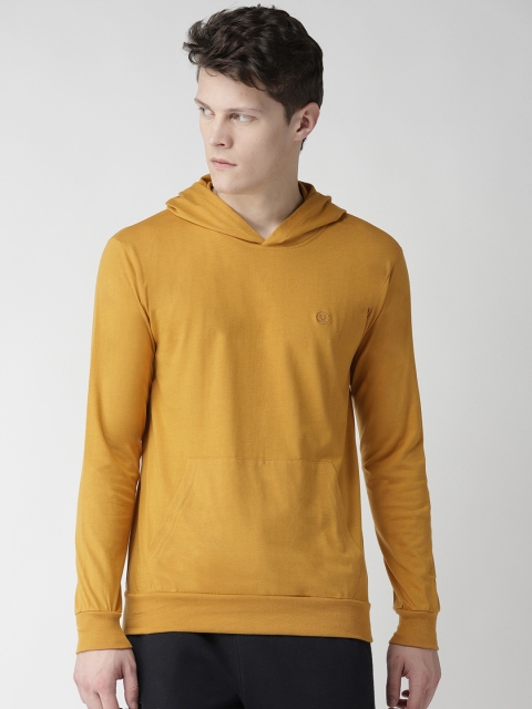 

Chkokko Men Mustard Yellow Solid Hooded Gym T-shirt