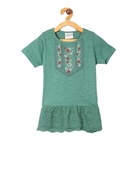 

Cherokee Girls Green Self Design Fitted Pure Cotton Top