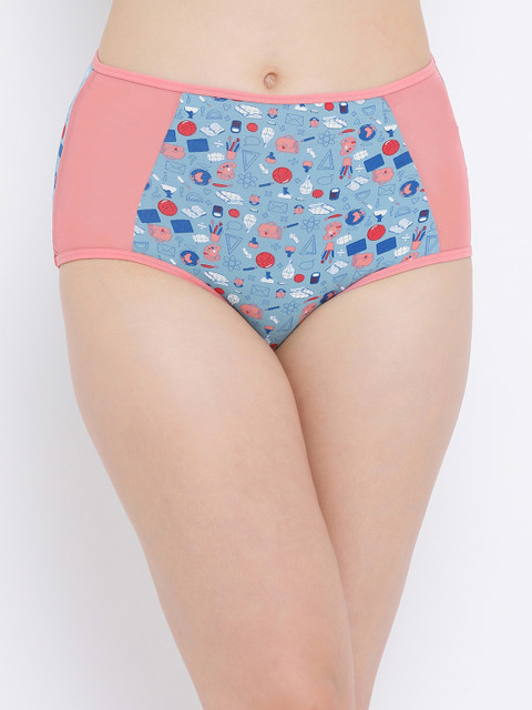 

Clovia Women Blue & Peach-Coloured Printed High Rise Hipster Briefs PN3299P03XL