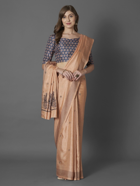 

Mitera Peach-Coloured Embroidered Silk Blend Saree