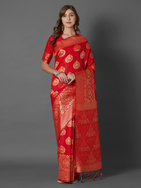 

Mitera Red Silk Blend Woven Design Dharmavaram Saree