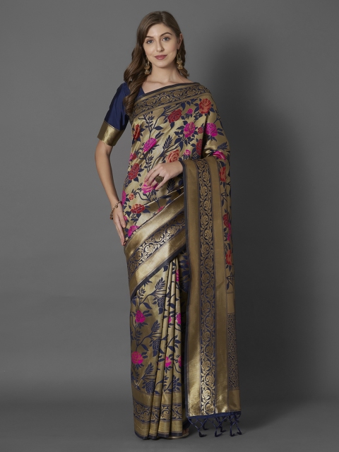 

Mitera Navy Blue & Gold-Toned Silk Blend Woven Design Dharmavaram Saree