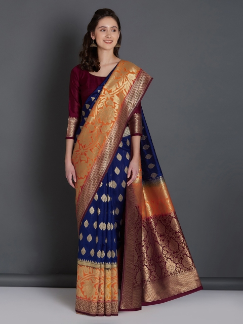 

Mitera Blue & Orange Silk Blend Woven Design Banarasi Saree