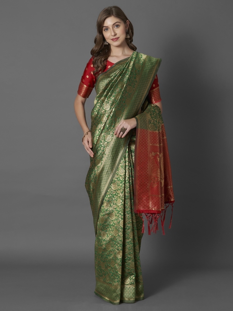 

Mitera Green & Red Silk Blend Woven Design Dharmavaram Saree