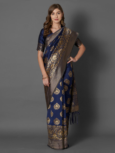 

Mitera Navy Blue Silk Blend Woven Design Dharmavaram Saree