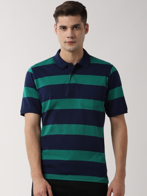 

Peter England Casuals Men Navy Blue & Green Striped Polo Collar T-shirt
