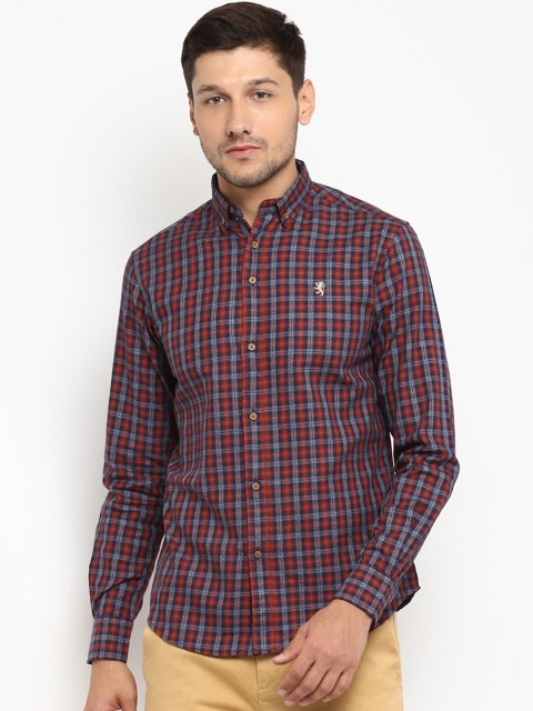 

Red Tape Men Orange & Navy Blue Regular Fit Checked Cotton Casual Shirt