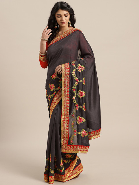 

Saree mall Charcoal Grey Embroidered Detail Saree