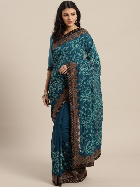 

Saree mall Women Teal Blue & Green Poly Georgette Embroidered Saree