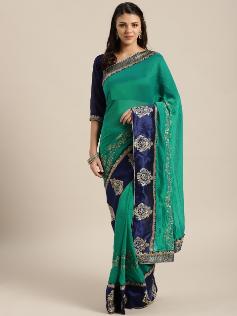 

Saree mall Green & Navy Blue Embroidered Detail Saree