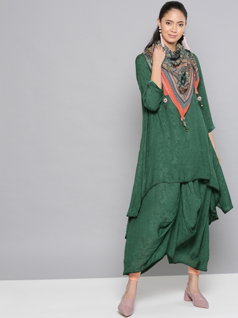 

Ritu Kumar Women Green Embroidered Dobby Weave Dhoti Style Asymmetric Kurta with Stole