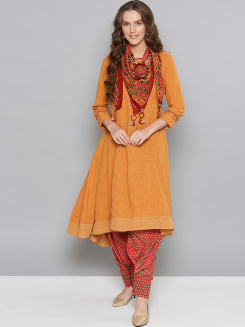 

Ritu Kumar Women Mustard Yellow & Red Solid Kurta with Salwar & Scarf