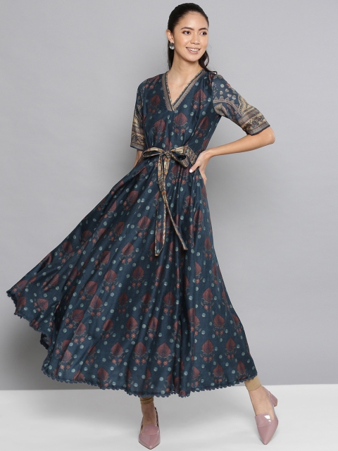 

Ritu Kumar Women Navy Blue & Peach-Coloured Floral Print Anarkali Kurta
