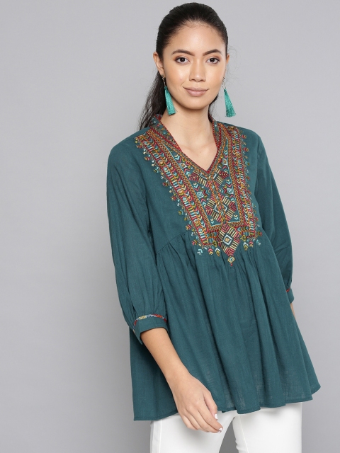 

Ritu Kumar Women Teal Blue Yoke Design A-Line Kurti