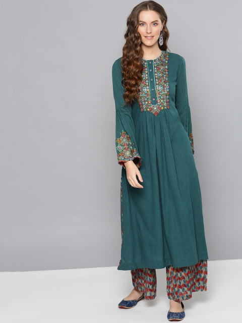 

Ritu Kumar Women Teal Green & Red Yoke Design Kurta with Palazzos