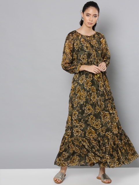 

Label Ritu Kumar Women Olive Green & Yellow Floral Printed Maxi Dress