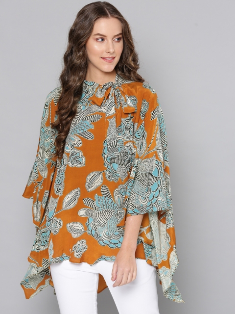 

Label Ritu Kumar Women Mustard Brown & Blue Printed Kaftan Top