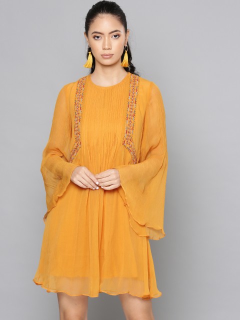 

Label Ritu Kumar Women Mustard Yellow Solid A-Line Dress