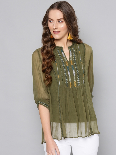 

Label Ritu Kumar Women Olive Green Embroidered Semi-Sheer Top