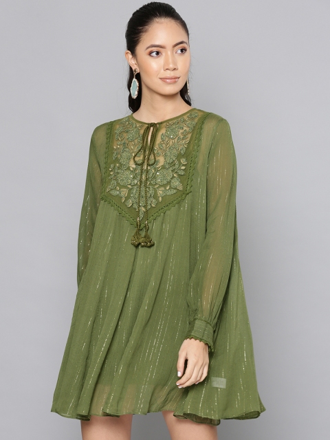 

Label Ritu Kumar Women Olive Green & Golden Striped Shift Dress