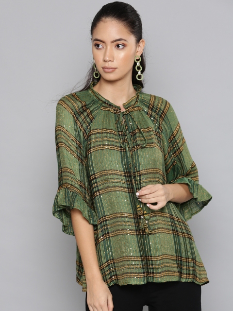 

Label Ritu Kumar Women Green & Golden Checked Top