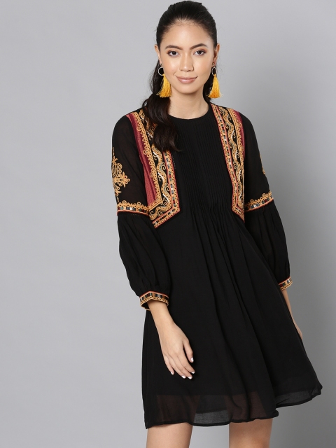 

Label Ritu Kumar Women Black & Mustard Yellow Embroidered A-Line Dress