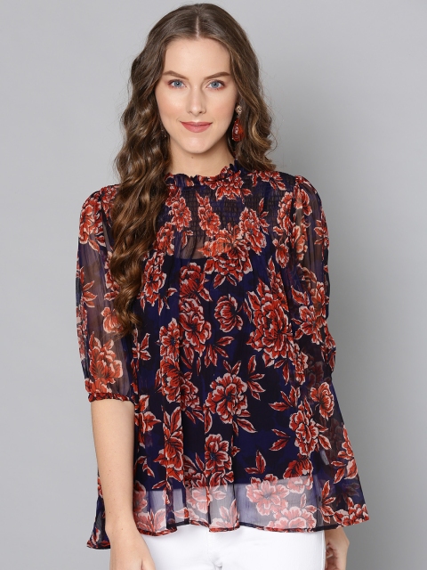 

Label Ritu Kumar Women Navy Blue & Red Floral Print Semi-Sheer A-Line Top