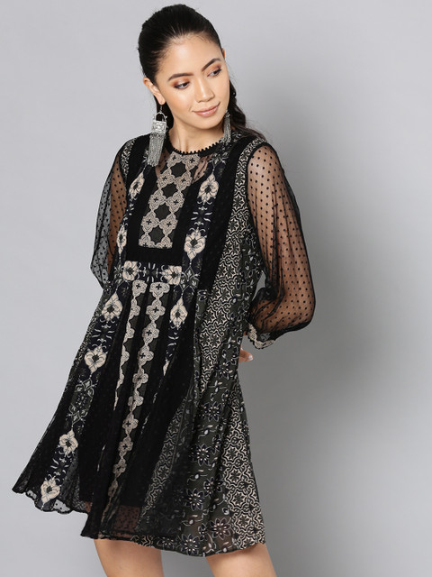 

Label Ritu Kumar Women Black & Beige Printed Semi-Sheer Net A-Line Dress