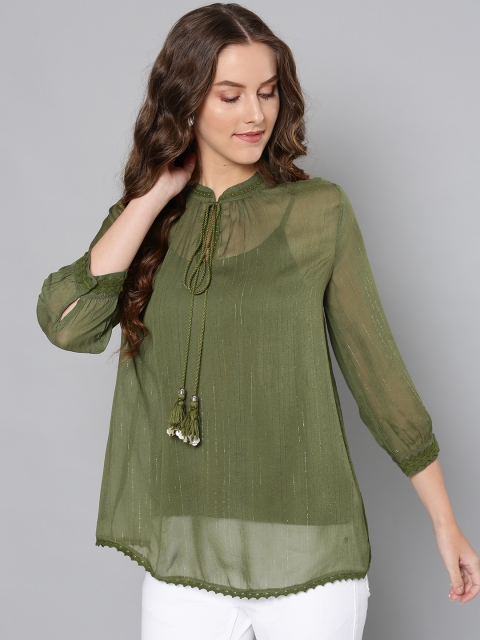 

Label Ritu Kumar Women Olive Green & Golden Self-Striped Semi-Sheer A-Line Top