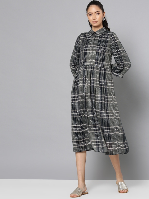 

Label Ritu Kumar Women Black & Off-White Checked A-Line Dress