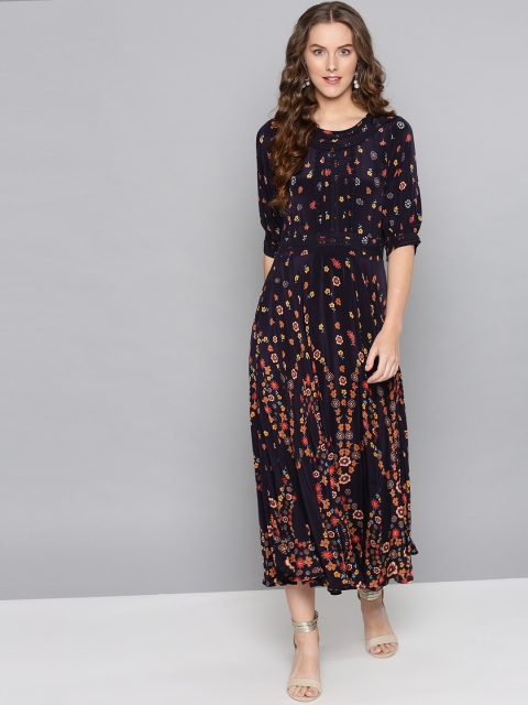 

Label Ritu Kumar Women Navy Blue & Orange Floral Print Maxi Dress