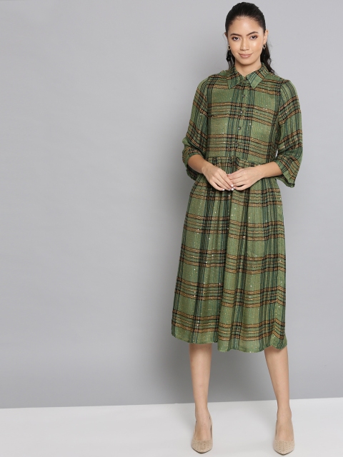 

Label Ritu Kumar Women Green & Golden Checked A-Line Dress