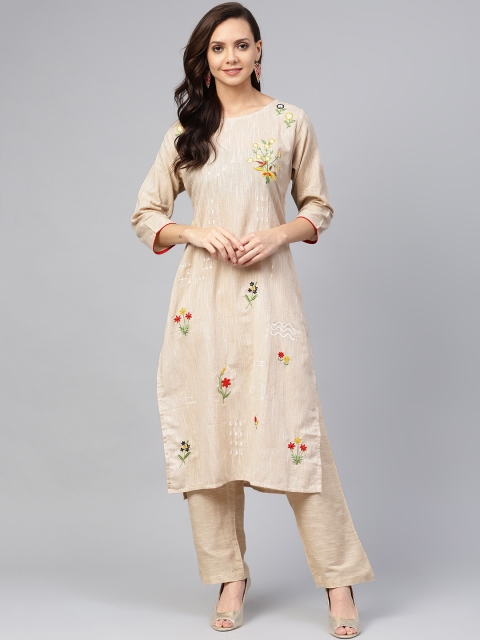 

Ishin Women Beige Embroidered Kurta with Palazzos