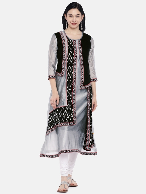 

Vedic Women Grey & Black Printed A-Line Chanderi Silk Kurta