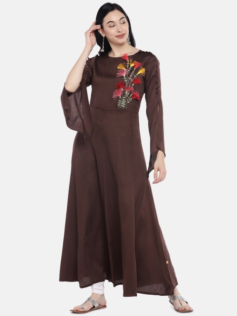 

Vedic Women Brown Embroidered A-Line Kurta