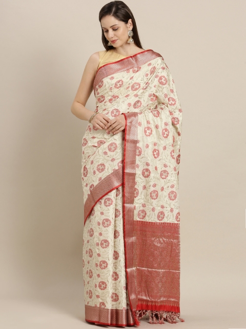 

Varkala Silk Sarees Cream-Coloured & Red Silk Blend Woven Design Banarasi Saree