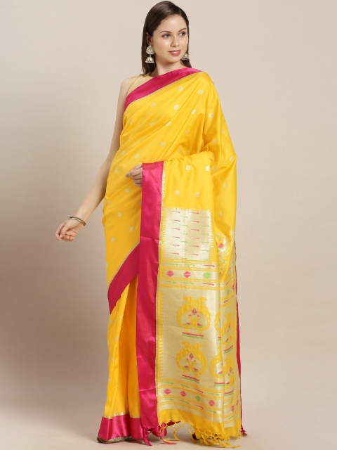 

Varkala Silk Sarees Yellow & Pink Silk Blend Woven Design Saree